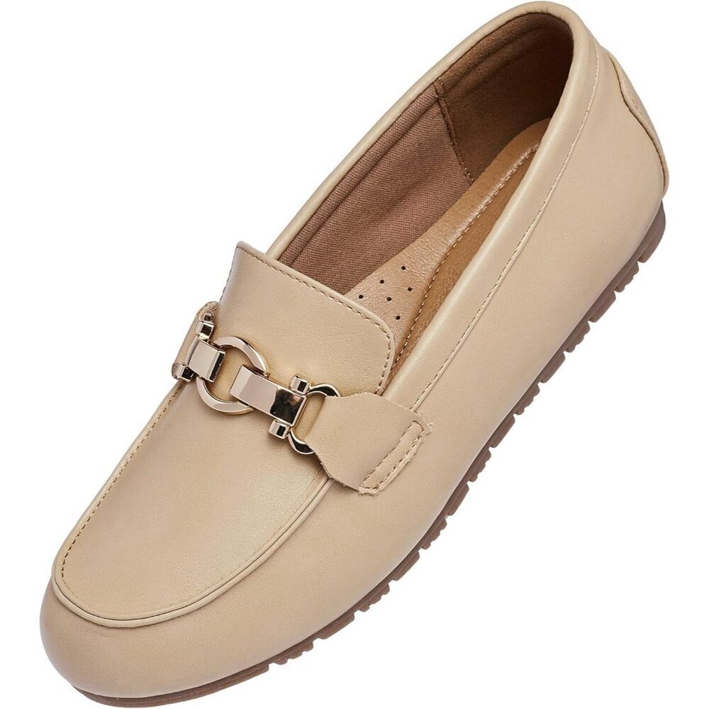 Womens Natural Polyurethane Slip On Comfort Chunky Heel Lug Sole Loafers Shoes